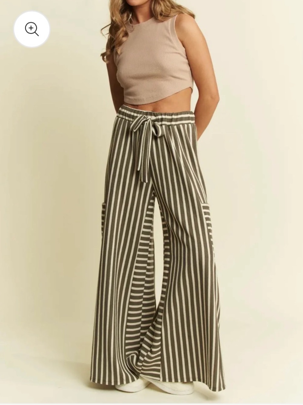 Striped Wide-Leg Tie-Waist Pants in Olive & Cream